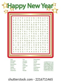 New Year Word Search Puzzle, Fun Party Game, Invitation Illustration, Promo, Promotion, Happy New Year Greeting Card, Fun Activity for Kids and Adults