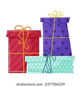 New Year wrapped gift. Box with ribbon. Birthday present covered with festive colored paper with bow. Decorative object. Wedding surprise. Purple, teal and red. White background. Vector illustration