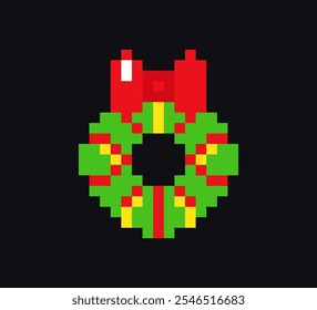 New Year wreath 8-bit icon, Christmas wreath pixel art item.