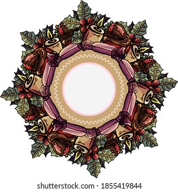 New year wreath with candle, dessert, mistletoe, circle, isolated, cartoon, dashed, round, frame, new year, Merry Christmas, december, card, celebration, postcard, template, banner, poster, greeting