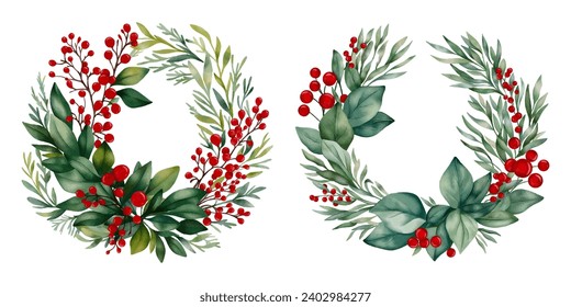 New Year wreath collection. Christmas decorative elements in watercolour style.