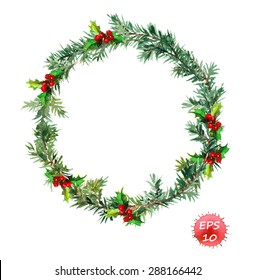 New year wreath - fir tree and mistletoe. Watercolor vector