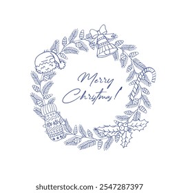 Corona de Año Nuevo hecha de ramas, conos y decoración. Ilustración para el año Nuevo y Navidades sobre un fondo blanco.