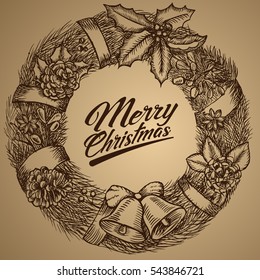 New Year wreath. Merry Christmas card. Sketch. Vector illustration. EPS10