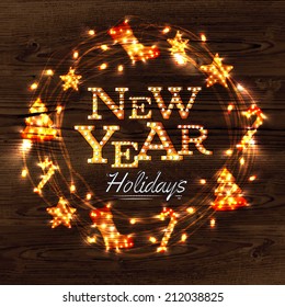 New year wreath poster in a retro style with decorations in garlands gloving on wood background