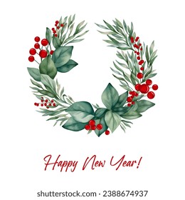 New Year wreath with red berries and lettering. ready made Christmas card design. winter decorative element