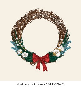 New Year wreath with a red bow