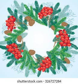 New Year wreath of spruce branches. Christmas object. Guelder rose