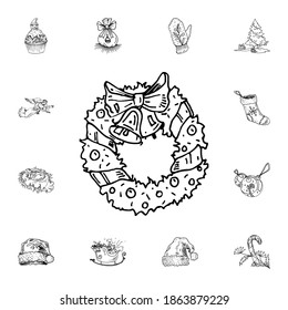 new year wreath vector illustration in color and outline sketch style on white background