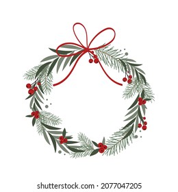 New Year Wreath, winter seasonal branches, leaves, berry, mistletoe in grey, red. Cute hand drawn frame illustration. White background. Vector
