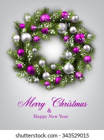 New Year and xmas card with Christmas wreath. Vector illustration.