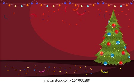 New year xmas flat poster design with decorated fir and light bulbs garlands on red copy space. Tinsel and confetti from clapper board decoration. Winter holidays invitation. Vector flat illustration