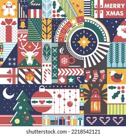 New year and xmas holiday, Christmas symbols. Pine tree and bauble, santa claus and bells, mistletoe and deer animal, lantern. Seamless pattern, wallpaper or background print. Vector in flat style