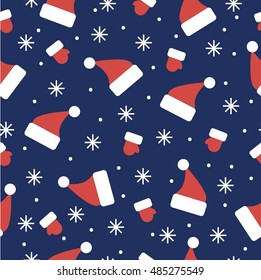 New Year And Xmas Seamless Vector Pattern. Hats, Mittens And Snowflakes On The Dark Blue Background.