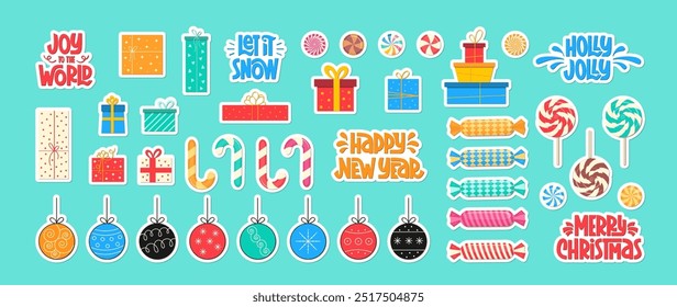 New Year and Xmas Stickers Set. Festive Design Elements. Christmas Balls and Gift Boxes, Presents and Lettering.