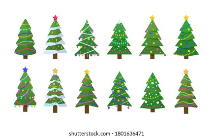 New Year and xmas traditional symbol tree with garlands, light bulb, star. Collection of Christmas trees in flat design for greeting cards, invitations, banner, web designs. Winter holiday. Vector.