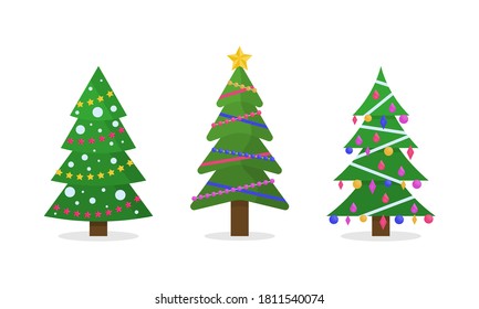 New Year and xmas traditional symbol tree with garlands, light bulb, star. Collection of Christmas trees in flat design for greeting cards, invitations, banner, web designs. Winter holiday. Vector.