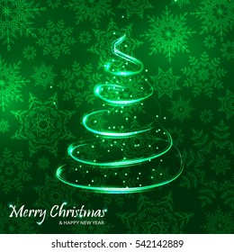New year. Xmas tree on snowflakes background.Green color.Vector illustration