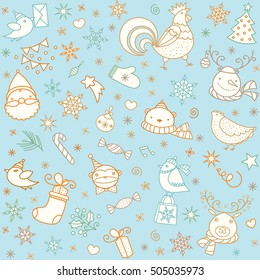 New Year and Xmas vector seamless background. Christmas winter doodles icons pattern. Doodling ornament and animal symbols, logos set.