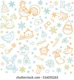 New Year and Xmas vector seamless pattern. Christmas animals, birds, winter doodle flat icons set.