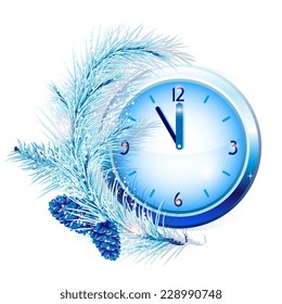 New Year, New Year's clock with the branch of fir tree and snow in blue tones - illustration