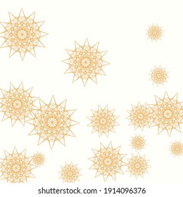 New Year Yellow Folk Chaotic Golden Pattern. Christmas Summer Snowflakes White Colorful Mandala Illustration. Autumn Gold Luxury Stars Print Sky Background. Mystery Happy Rich Sun Sharp Composition.