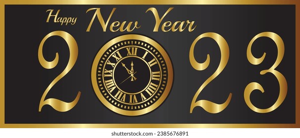 New Year-2023 Gold Clock Over a Black Background