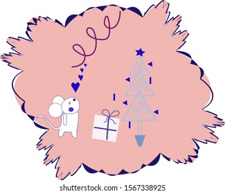 New year.Background for greeting card.Mouse, Christmas tree, streamers, hearts, on a pink background in a figured frame.Vector illustration.
