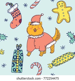 New year/Christmas pattern with dog in red hat, gift, cookie, sweets, holly, sock.