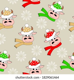 New Year/Christmas seamless pattern with heads of cute bulls in different hats and snowflakes. Vector illustration. For packing, fabric, New Year/Christmas postcard, wallpaper, scrapbooking.