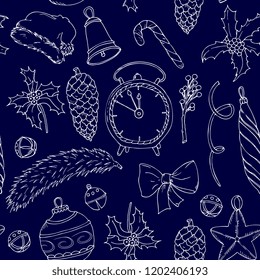 New Year,Christmas seamless pattern. Vector illustration hand drawn retro style.traditional Christmas elements:Santa hat,holly, Christmas toys,fir branch, clock. white outline on blue background