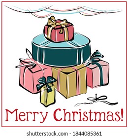 New year,Christmas.The elements of the postcards and posters.Text,Tree,sleigh,cookie hut,a man,garlands,boxes with gifts,Santa Claus,snowman,bear,Christmas toys and decorations.Isolated vector objects