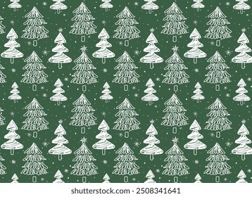 New Year.Cute and beautiful christmas trees seamless pattern, hand drawn doodle sketch and decorated trees - great for textiles, banners, wallpapers, cards - vector surface design. Green background.