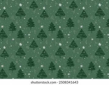 New Year.Cute and beautiful christmas trees seamless pattern, hand drawn doodle sketch and decorated trees - great for textiles, banners, wallpapers, cards - vector surface design. Green background.