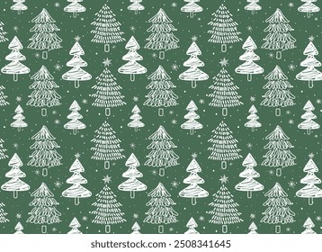 New Year.Cute and beautiful christmas trees seamless pattern, hand drawn doodle sketch and decorated trees - great for textiles, banners, wallpapers, cards - vector surface design. Green background.