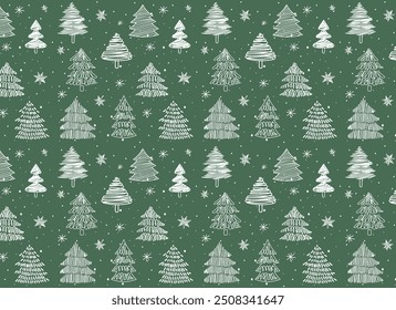 Año Nuevo. Lindo y hermoso patrón de árboles de Navidad sin fisuras, dibujo de doodle dibujado a mano y árboles decorados - ideal para textiles, Anuncios, Fondos de pantalla, tarjetas - diseño de superficie de Vector. Fondo verde.