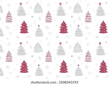 New Year.Cute and beautiful christmas trees seamless pattern, hand drawn doodle sketch and decorated trees - great for textiles, banners, wallpapers, cards - vector surface design.White background.