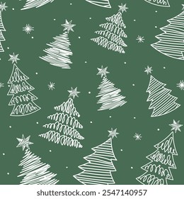 New Year.Cute and beautiful christmas trees seamless pattern, hand drawn doodle sketch and decorated trees - great for textiles, banners, wallpapers, cards - vector surface design. Green background.