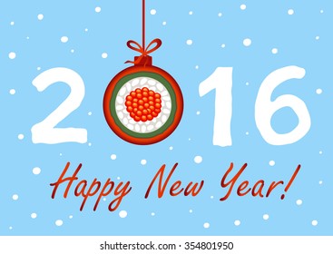 New Year's 2016 or Christmas card with sushi depicted in Christmas decorations against the blue sky and snowflakes.Vector illustration sushi with caviar  on a red ball with bow.