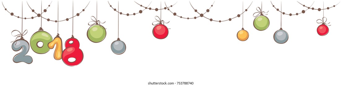 New year's 2018 and Christmas decorations / Horizontal narrow banner with beads and balls
