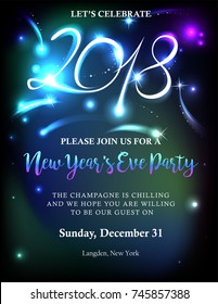 New Years 2018 invitation with back light and text. Possible to create holiday cards or banner.