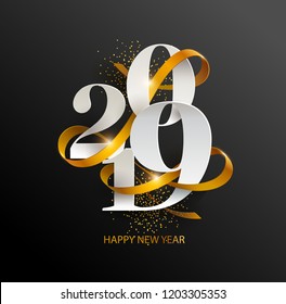 New Years 2019. Greeting card with date and ribbon