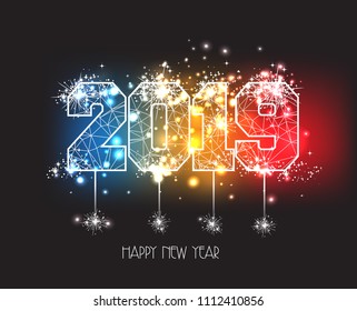 New Years 2019 polygonal line and fireworks background