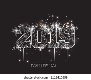 New Years 2019 Polygonal Line And Fireworks Background