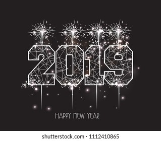 New Years 2019 polygonal line and fireworks background