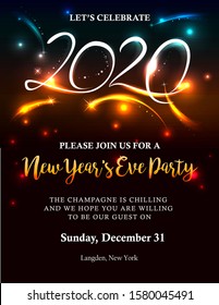 New Years 2020 invitation with abstract back lights and text. Possible to create holiday cards or banner.
