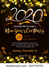 New Years 2020 invitation with back golden light and text. Bokeh background with copy space. 