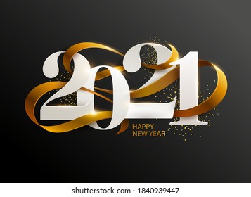 New Years 2021. Greeting card with date and ribbon on black background