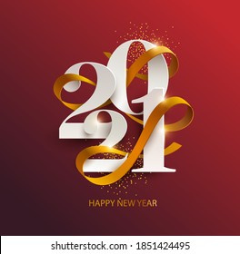 New Years 2021. Greeting Card With Date And Ribbon On Red Background