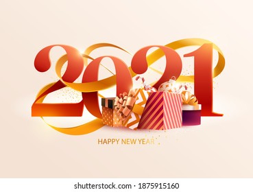 New Years 2021. Greeting card with date gold ribbon and gifts. Holiday illustration